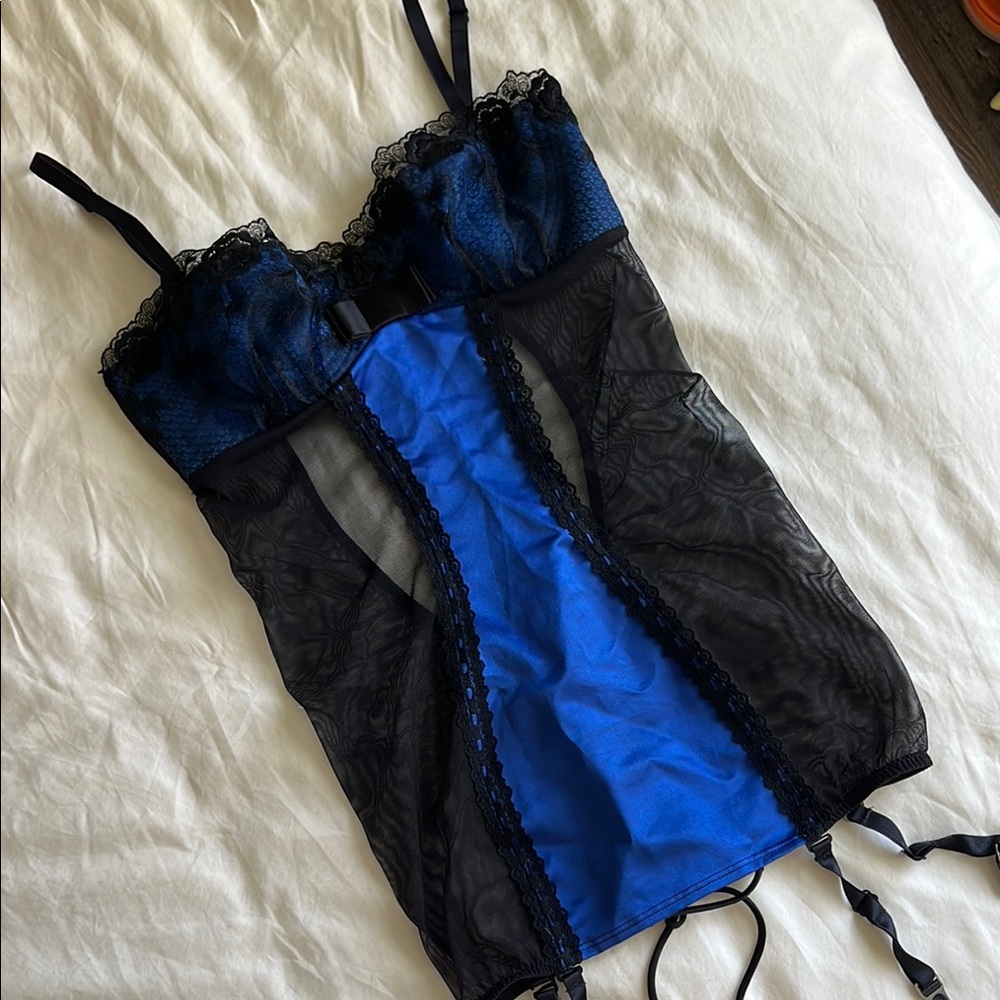 Vintage Shirley of Hollywood Blue and Black Satin and Sheer Lace Bustier
